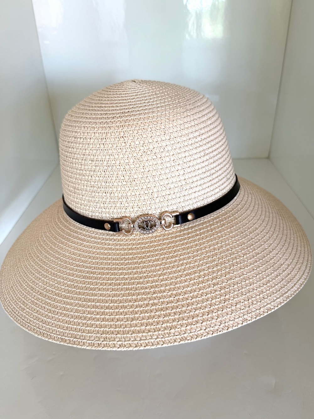 Women's Cream Straw Sun Hat with BlackLeather Band and Gold Designer Accent
